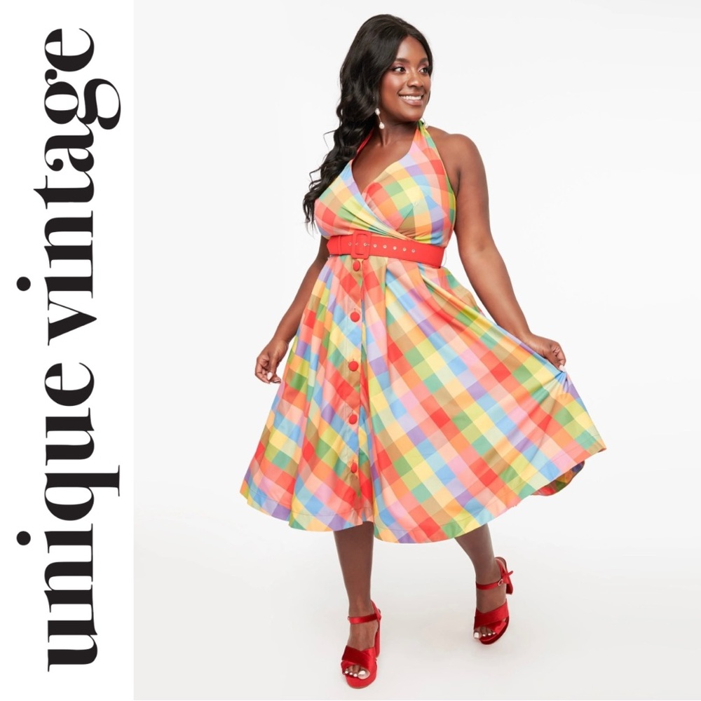 Unique Vintage Rainbow Madras Plaid Tarrytown Hostess Dress, Size 1x, NWT!